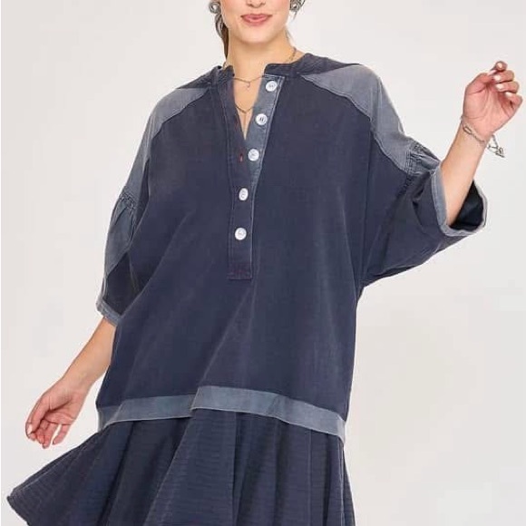 Umgee Navy Blue Tunic Dress with Button Details - Picture 3 of 5